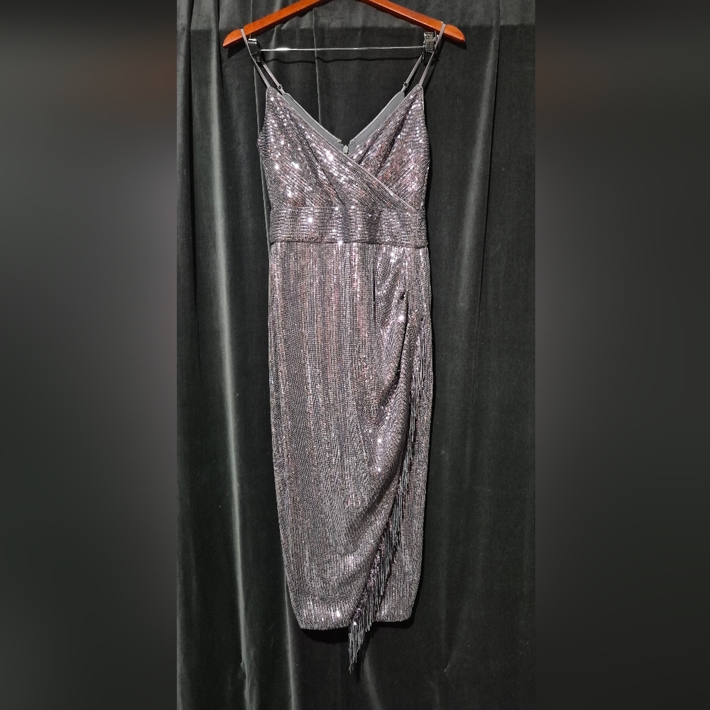 SAYLOR Shimmering Silver Midi Dress